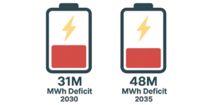 Image showing two batteries with varying levels of power to represent the US energy deficit 